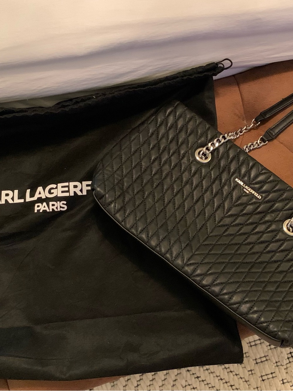 Karl Lagerfeld Black Quilted Chevron Tote with Chain Straps - Picture 15 of 16